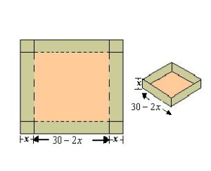 An open box of maximum volume is to be made from a square piece of material centimeters on a side by cutting equal squares from the corners and turning up the sides(see figure). What is the domain of the function .