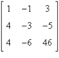 Perform the sequence of row operations on the matrix. What did the operations accomplish? Show all work. (a) Add -4 times R<sub>1</sub> to R<sub>2</sub>. (b) Add -4 times R<sub>1</sub> to R<sub>3</sub>. (c) Add 2 times R<sub>2</sub> to R<sub>3</sub>. (d) Add 1 times R<sub>2</sub> to R<sub>1</sub>.