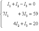 The currents in an electrical network are given by the solutions of the system where I<sub>1</sub>, I<sub>2</sub>, and I<sub>3</sub> are measured in amperes. Solve the system of equations using matrices.