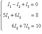 Applying Kirchhoff's Laws to the electrical network in the figure, the currents I<sub>1</sub>, I<sub>2</sub>, and I<sub>3</sub> are the solution of the system   Find the currents.    