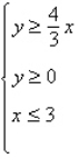 <strong>Derive a set of inequalities to describe the region. Triangle: vertices at (0, 0), (3, 0), (3, 4)</strong> A) B) C) D) E)