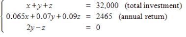 <strong>Consider a person who invests in AAA-rated bonds,A-rated bonds,and B-rated bonds.The average yields are 6.5% on AAA bonds,7% on A bonds,and 9% on B bonds.The person invests twice as much in B bonds as in A bonds.Let x,y and z represent the amounts invested in AAA,A,and B bonds,respectively. Total Investment Annual Return $32,000 2465 Use the inverse of the coefficient matrix of this system to find the amount invested in each type of bond. </strong> A)$11,000 in AAA-rated bonds $7,000 in A-rated bonds $14,000 in B-rated bonds B)$11,000 in AAA-rated bonds $14,000 in A-rated bonds $7,000 in B-rated bonds C)$14,000 in AAA-rated bonds $11,000 in A-rated bonds $7,000 in B-rated bonds D)$14,000 in AAA-rated bonds $7,000 in A-rated bonds $11,000 in B-rated bonds E)$7,000 in AAA-rated bonds $11,000 in A-rated bonds $14,000 in B-rated bonds