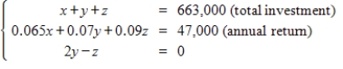 <strong>Consider a person who invests in AAA-rated bonds,A-rated bonds,and B-rated bonds.The average yields are 6.5% on AAA bonds,7% on A bonds,and 9% on B bonds.The person invests twice as much in B bonds as in A bonds.Let x,y and z represent the amounts invested in AAA,A,and B bonds,respectively. Use the inverse of the coefficient matrix of this system to find the amount invested in each type of bond. </strong> A)$142,000 in AAA-rated bonds $451,000 in A-rated bonds $71,000 in B-rated bonds B)$450,000 in AAA-rated bonds $71,000 in A-rated bonds $142,000 in B-rated bonds C)$143,000 in AAA-rated bonds $71,000 in A-rated bonds $450,000 in B-rated bonds D)$72,000 in AAA-rated bonds $450,000 in A-rated bonds $142,000 in B-rated bonds E)$450,000 in AAA-rated bonds $142,000 in A-rated bonds $70,000 in B-rated bonds