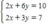 <strong>Use matrices to solve the system of equations (if possible).Use Gaussian elimination with back-substitution or Gauss-Jordan elimination. </strong> A)(10,1) B)(2,1) C)(2,-6) D)(-2,1) E)(2,-1)