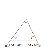 <strong>Find the value of x,y and z in the figure. where a = 6,b = 14 </strong> A)x = 33°,y = 94°,z = 53° B)x = 33°,y = 53°,z = 94° C)x = 94°,y = 94°,z = 53° D)x = 33°,y = 53°,z = 53° E)x = 60°,y = 60°,z = 60°