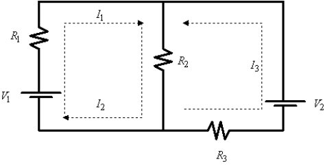 <strong>?Applying Kirchhoff's Laws to the electrical network in the figure,the currents I<sub>1</sub>,I<sub>2</sub>,and I<sub>3</sub> are the solution of the system \left\{ \begin{array} { l l } I _ { 1 } - I _ { 2 } + I _ { 3 } & = 0 \\ 6 I _ { 1 } + 3 I _ { 2 } & = 11 \\ 3 I _ { 2 } + 5 I _ { 3 } & = 6 \end{array} \right. Find the currents.? \begin{array} { l } V _ { 1 } = 11 \text { volts, } V _ { 2 } = 6 \text { volts } \\ R _ { 1 } = 6 \Omega , R _ { 2 } = 3 \Omega , R _ { 3 } = 5 \Omega \end{array} ?</strong> A)?I<sub>1</sub> = - \frac { 40 } { 3 } <sub> </sub>amperes;I<sub>2</sub><sub> </sub>= \frac { 91 } { 3 } amperes;I<sub>3</sub> = -17 amperes B)?I<sub>1</sub> = \frac { 10 } { 9 } amperes;I<sub>2</sub> = \frac { 13 } { 9 } amperes;I<sub>3</sub> = \frac { 1 } { 3 } amperes C)?I<sub>1</sub> = 6 amperes;I<sub>2</sub> = 3 amperes;I<sub>3</sub> = 5 amperes D)?I<sub>1</sub> = \frac { 70 } { 33 } amperes;I<sub>2</sub> = - \frac { 19 } { 33 } amperes;I<sub>3</sub> = \frac { 17 } { 11 } amperes E)?I<sub>1</sub> = 70 amperes;I<sub>2</sub> = 91 amperes;I<sub>3</sub> = 21 amperes