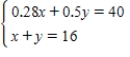 <strong>Fourty liters of a 40% acid solution is obtained by mixing a 28% solution with a 50% solution.Write a system of equations in which one equation represents the amount of final mixture required and the other represents the percent of acid in the final mixture.Let x and y represent the amounts of the 28% and 50% solutions,respectively. </strong> A) B) C) D) E)
