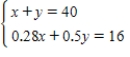 <strong>Fourty liters of a 40% acid solution is obtained by mixing a 28% solution with a 50% solution.Write a system of equations in which one equation represents the amount of final mixture required and the other represents the percent of acid in the final mixture.Let x and y represent the amounts of the 28% and 50% solutions,respectively. </strong> A) B) C) D) E)