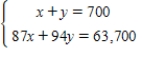 <strong>Seven hundred gallons of 91-octane gasoline is obtained by mixing 87-octane gasoline with 94-octane gasoline.Write a system of equations in which one equation represents the amount of final mixture required and the other represents the amounts of 87- and 94-octane gasolines in the final mixture.Let x and y represent the numbers of gallons of 87-octane and 94-octane gasolines,respectively. </strong> A) B) C) D) E)