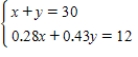 <strong>Thirty liters of a 40% acid solution is obtained by mixing a 28% solution with a 43% solution.How much of each solution is required to obtain the specified concentration of the final mixture? Use this system of linear equations there x and y represents the amounts of the 28% solution and 43% solution. </strong> A)28% solution: 6 L;43% solution: 24 L B)43% solution: 6 L;28% solution: 24 L C)28% solution: 40 L;43% solution: 24 L D)43% solution: 40 L;28% solution: 24 L E)43% solution: 7 L;28% solution: 24 L