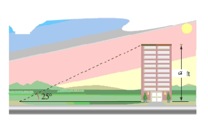 The sun is 25º above the horizon.Find the length of a shadow cast by a building that is \alpha = 130 feet tall (see figure).Approximate the answer to two decimal places.? ?