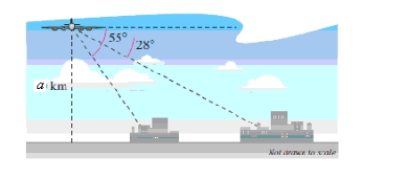 <strong>A passenger in an airplane at an altitude of a = 20 kilometers sees two towns directly to the east of the plane.The angles of depression to the towns are 28º and 55º (see figure).How far apart are the towns? How far apart are the ships? Round your answer to one decimal place. </strong> A)23.6 km B)24.6 km C)25.6 km D)26.6 km E)27.6 km