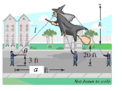 <strong>You are holding one of the tethers attached to the top of a giant character balloon in a parade.Before the start of the parade the balloon is upright and the bottom is floating approximately 20 feet above ground level.You are standing approximately a = 130 feet ahead of the balloon (see figure).? ? Find the length l of the tether you are holding in terms of h,the height h of the balloon from top to bottom. ?</strong> A) \sqrt { h ^ { 2 } + 34 h + 17,189 } B) \sqrt { h ^ { 2 } + 17 h + 17,189 } ? C) \sqrt { h ^ { 2 } + 20 h + 689 } D) \sqrt { h ^ { 2 } + 40 h + 689 } ? E) \sqrt { h ^ { 2 } + 34 h + 289 }