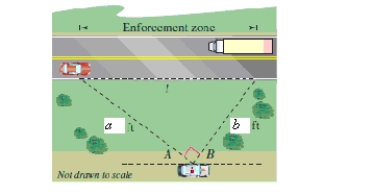 A police department has set up a speed enforcement zone on a straight length of highway.A patrol car is parked parallel to the zone,a = 210 feet from one end and b = 130 feet from the other end (see figure). Find the length l of the zone.Round your answer to two decimal places. 