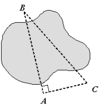 A land developer wants to find the distance across a small lake in the middle of his proposed development.The bearing from A to B is \mathrm { N } 31 ^ { \circ } \mathrm { W } .The developer leaves point A and travels 74 yards perpendicular to \overline{A B} to point C.The bearing from C to point B is \mathrm { N } ~59 ^ { \circ } \mathrm { W } .Determine the distance,AB,across the small lake.Round distance to nearest yard.