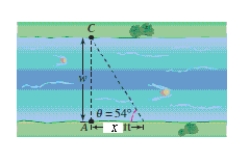  A biologist wants to know the width w of a river so that instruments for studying the pollutants in the water can be set properly.From point A the biologist walks downstream  x = 140  feet and sights to point C (see figure).From this sighting,it is determined that ? = 54°.How wide is the river??   (Round your answer to three decimal places. ) ? 