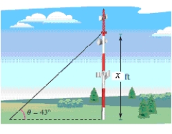  A guy wire runs from the ground to a cell tower.The wire is attached to the cell tower  x = 100  feet above the ground.The angle formed between the wire and the ground is 43° (see figure).How long is the guy wire. ??   ? 