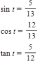 <strong>Find the exact values of the three trigonometric functions sine,cosine,tangent of the real number t. </strong> A) B) C) D) E) 