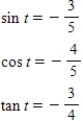 <strong>Find the exact values of the three trigonometric functions sine,cosine,tangent of the real number t. </strong> A) B) C) D) E) 