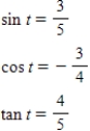<strong>Find the exact values of the three trigonometric functions sine,cosine,tangent of the real number t. </strong> A) B) C) D) E) 