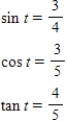 <strong>Find the exact values of the three trigonometric functions sine,cosine,tangent of the real number t. </strong> A) B) C) D) E) 