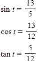 <strong>Find the exact values of the three trigonometric functions sine,cosine,tangent of the real number t. </strong> A) B) C) D) E) 