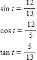<strong>Find the exact values of the three trigonometric functions sine,cosine,tangent of the real number t. </strong> A) B) C) D) E) 