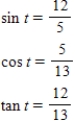 <strong>Find the exact values of the three trigonometric functions sine,cosine,tangent of the real number t. </strong> A) B) C) D) E) 