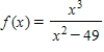 <strong>Find the domain of the function and identify any vertical and horizontal asymptotes. </strong> A)Domain: all real numbers x except x = 0 Vertical asymptote: x = ±7 Horizontal asymptote: No horizontal asymptote B)Domain: all real numbers x except x = ±7 Vertical asymptote: x = ±7 Horizontal asymptote: No horizontal asymptote C)Domain: all real numbers x except x = 7 Vertical asymptote: x = 7 Horizontal asymptote: y = 7 D)Domain: all real numbers x Vertical asymptote: x = -7 Horizontal asymptote: y = 0 E)Domain: all real numbers x except x = 0 Vertical asymptote: x = 0 Horizontal asymptote: y = -49
