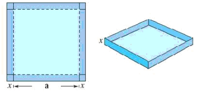 An open box is to be made from a square piece of material,38 inches on a side,by cutting equal squares with sides of length x from the corners and turning up the sides (see figure) where a = 38 - 2 x . Determine the domain of the following function,V(x)represents the volume of the box . V ( x ) = x ( 38 - 2 x ) ^ { 2 } 
