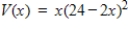 <strong>An open box is to be made from a square piece of cardboard,24 inches on a side,by cutting equal squares with sides of length x from the corners and turning up the sides (see figure below).If the volume of the box is represented by ,determine the domain of . </strong> A) B) C) D) E)