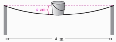 A simply supported beam is 12 meters long and has a load at the center (see figure). where, a = 12 , b = 2 The deflection of the beam at its center is 2 centimeters.Assume that the shape of the deflected beam is parabolic.Write an equation of the parabola.(Assume that the origin is at the center of the deflected beam. ) 