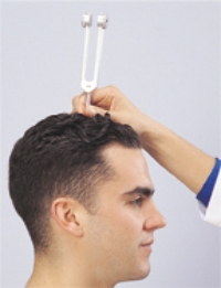 The nurse is performing the Weber test when assessing a patient's hearing. For which abnormalities does this technique assess?