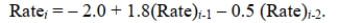 A second-order autoregressive model for average mortgage rate is: . If the average mortgage rate in 2012 was 7.0, and in 2011 was 6.4, the forecast for 2013 is __________.