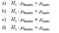 SCENARIO 10-2 A researcher randomly sampled 30 graduates of an MBA program and recorded data concerning their starting salaries. Of primary interest to the researcher was the effect of gender on starting salaries. The result of the pooled-variance t-test of the mean salaries of the females (Population 1) and males (Population 2) in the sample is given below. Referring to Scenario 10-2, the researcher was attempting to show statistically that the female MBA graduates have a significantly lower mean starting salary than the male MBA graduates. Which of the following is an appropriate alternative hypothesis?