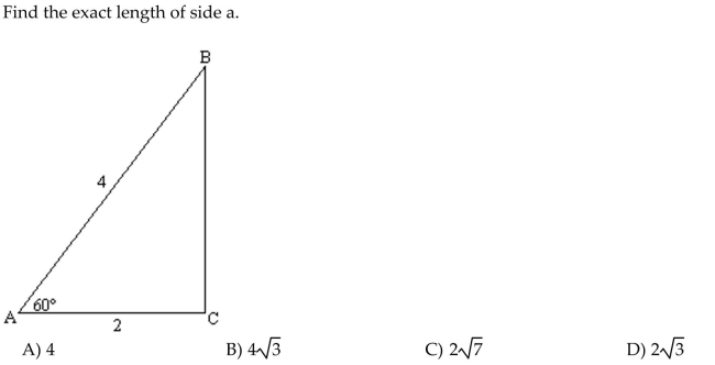 Find the indicated angle or side. Give an exact answer.