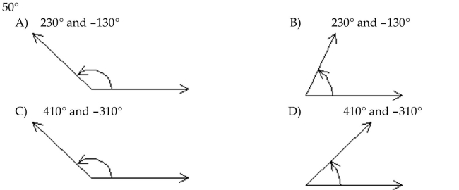 Draw the given angle in standard position. Draw an arrow representing the correct amount of rotation. Find the measure of two other angles, one positive and one negative, coterminal with the given angle.