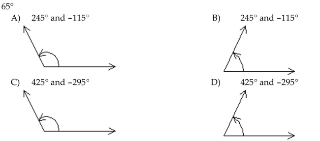 Draw the given angle in standard position. Draw an arrow representing the correct amount of rotation. Find the measure of two other angles, one positive and one negative, coterminal with the given angle.