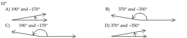 Draw the given angle in standard position. Draw an arrow representing the correct amount of rotation. Find the measure of two other angles, one positive and one negative, coterminal with the given angle.