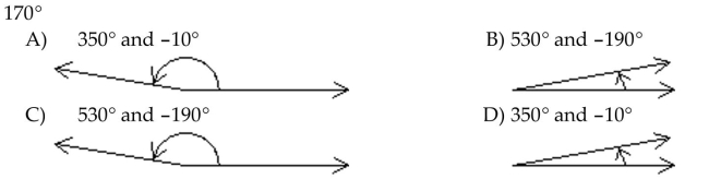 Draw the given angle in standard position. Draw an arrow representing the correct amount of rotation. Find the measure of two other angles, one positive and one negative, coterminal with the given angle.