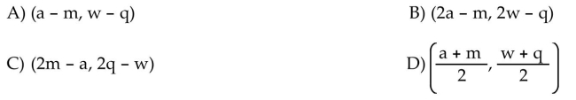Find the coordinates of the other endpoint of the segment, given its midpoint and one endpoint. midpoint (a, w), endpoint (m, q)  <div style=padding-top: 35px> 