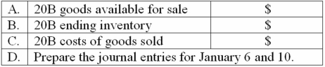 Davis Company uses the perpetual inventory system and the FIFO inventory costing method.All purchases and sales were cash transactions.The records reflected the following for January,20B Determine the following