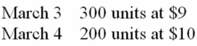 <strong>A company purchased inventory as follows: On March 5, it sold 400 units for $17 each. The weighted- average unit cost to be used for the cost of goods sold on March 5, in a perpetual inventory system, is</strong> A) $9.40. B) $9.00. C) $9.60. D) $10.00.