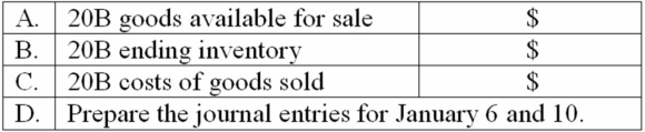 Davis Company uses the perpetual inventory system and the FIFO inventory costing method. All purchases and sales were cash transactions. The records reflected the following for January, 20B Determine the following