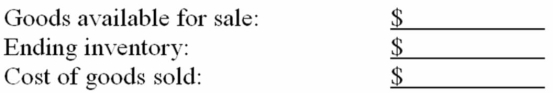 Libby Company uses the periodic inventory system and applied FIFO inventory costing. At the end o the annual accounting period, December 31, 20D, the accounting records for the best selling item in inventory showed: Determine the following (show computations and round to the nearest dollar):