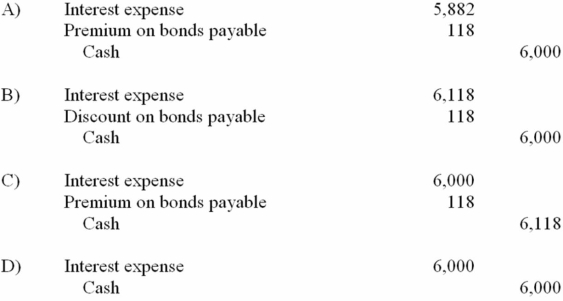 <strong>Accurate Numbers, Inc., issued $100,000 of 10 year, 12% bonds dated April 1, 20A, for $102,360 on April 1, 20A. The bonds pay interest on April 1 and October 1. Straight-line amortization is used by the company. What entry is needed at October 1 for the first interest payment? </strong> A) Choice A B) Choice B C) Choice C D) Choice D