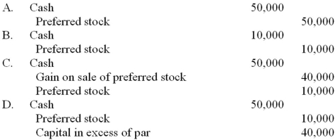 What is the correct entry for the sale of 1,000 shares of $10 par value preferred stock for $50,000 cash?