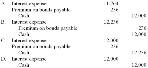 Mayberry, Inc., issued $100,000 of 10 year, 12% bonds dated April 1, 2013, for $102,360 on April 1, 2013. The bonds pay interest annually on April 1. Straight-line amortization is used by the company. What entry is required at April 1, 2014 for the first interest payment?
