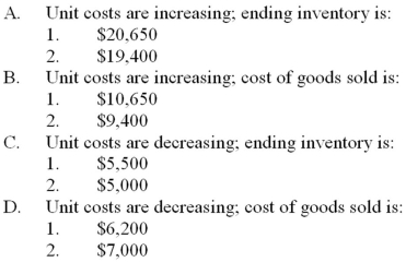 Given a particular set of facts and assumptions, the following pairs of amounts were computed using FIFO and LIFO. For each pair of amounts, indicate which amount resulted from applying FIFO, and which amount resulted from applying LIFO.