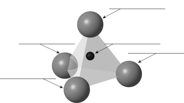 Label each of the five atoms in this silicon-oxygen tetrahedron.  <div style=padding-top: 35px> 